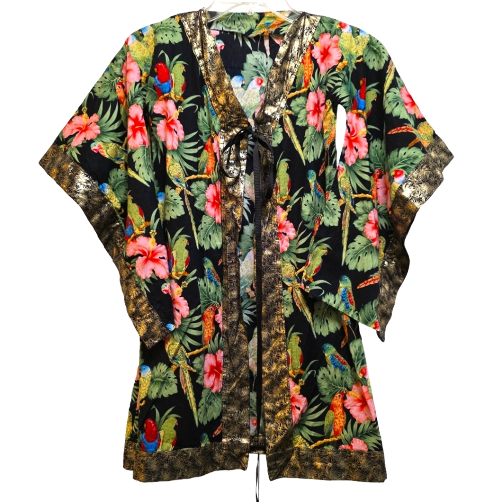 Handmade Parrot Bird Tropical Cardigan Kimono Coverup Gold Trim Detail Tie Up